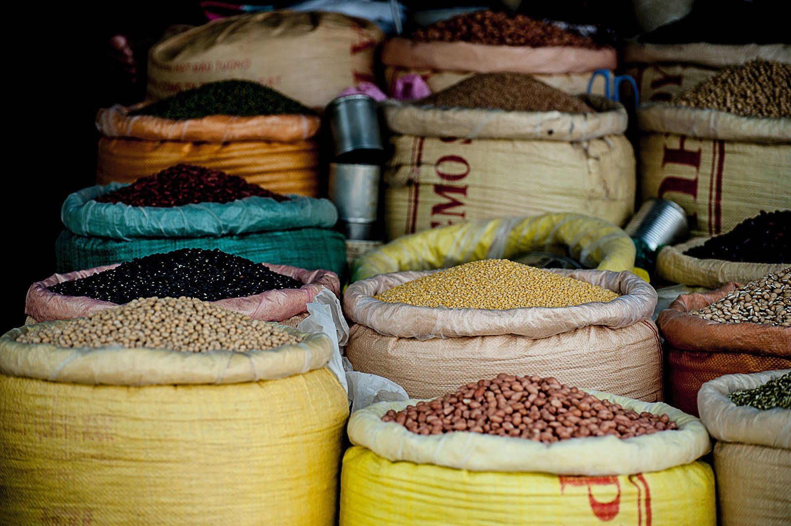 Market sacks filled with grains and pulses